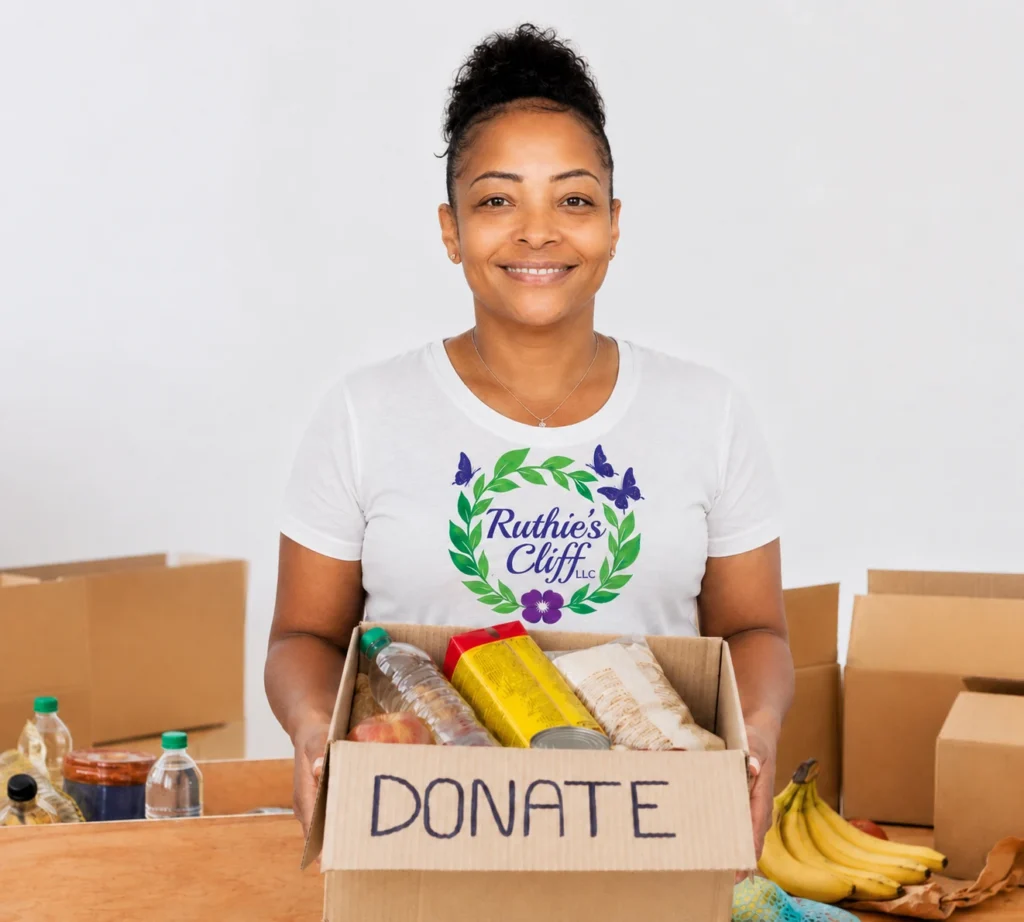 A portrait of Ruthie's Cliff founder Lizz wearing a t-shirt with Ruthie's Cliff logo. She is holding a donation cardboard box filled with food items.