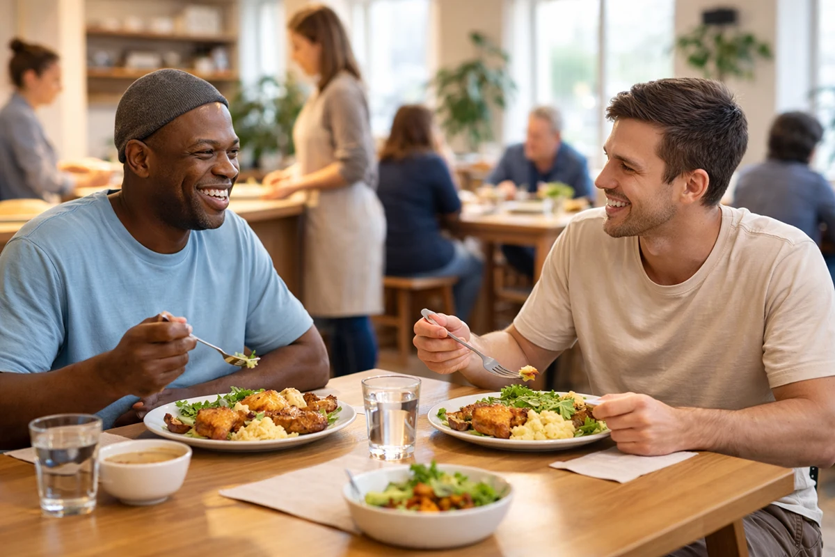 Two men sitting together at a table in a restaurant enjoying a hot meal