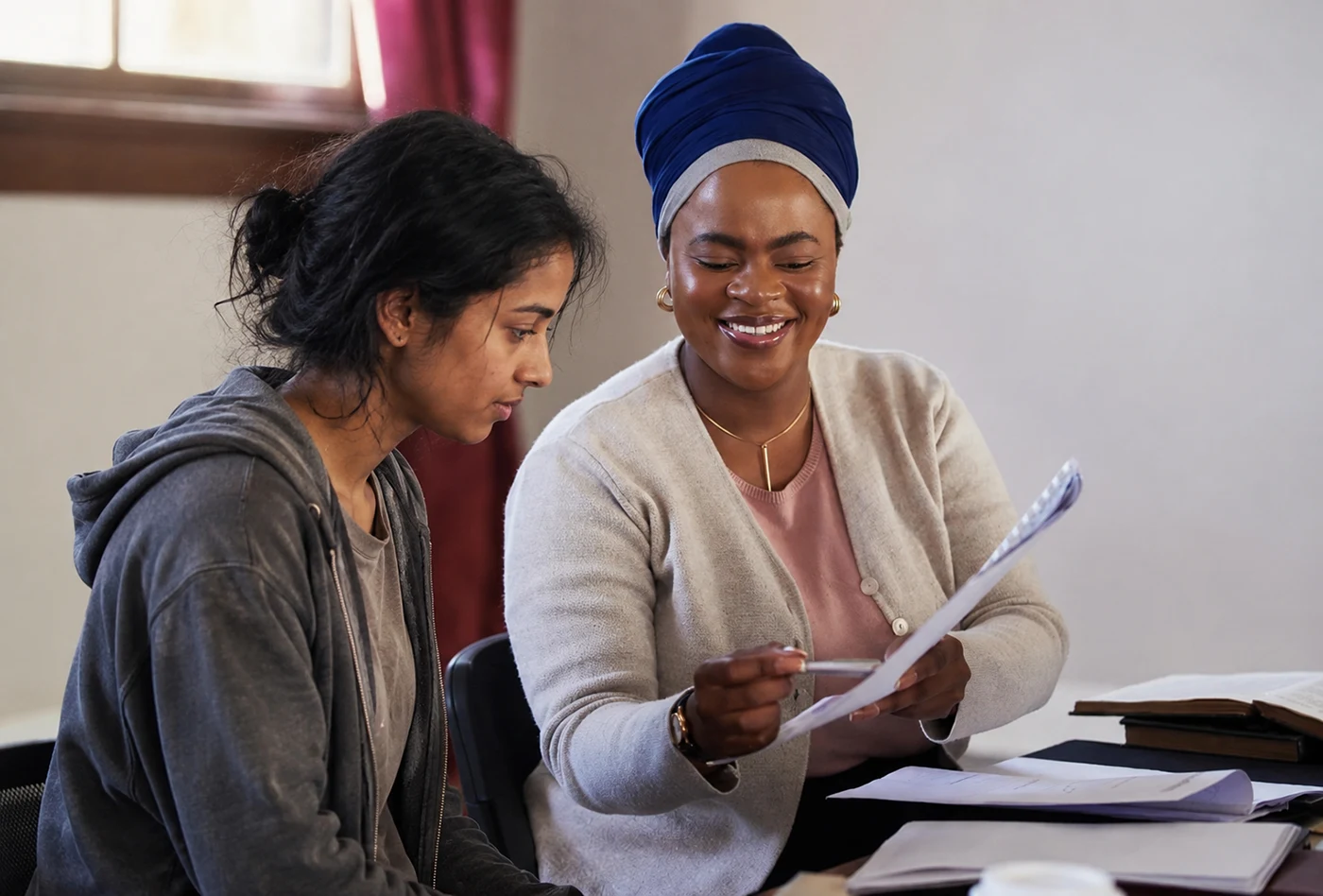 A young woman in simple clothes facing financial hardship receiving support by a social worker in Ruthie's Cliff office.